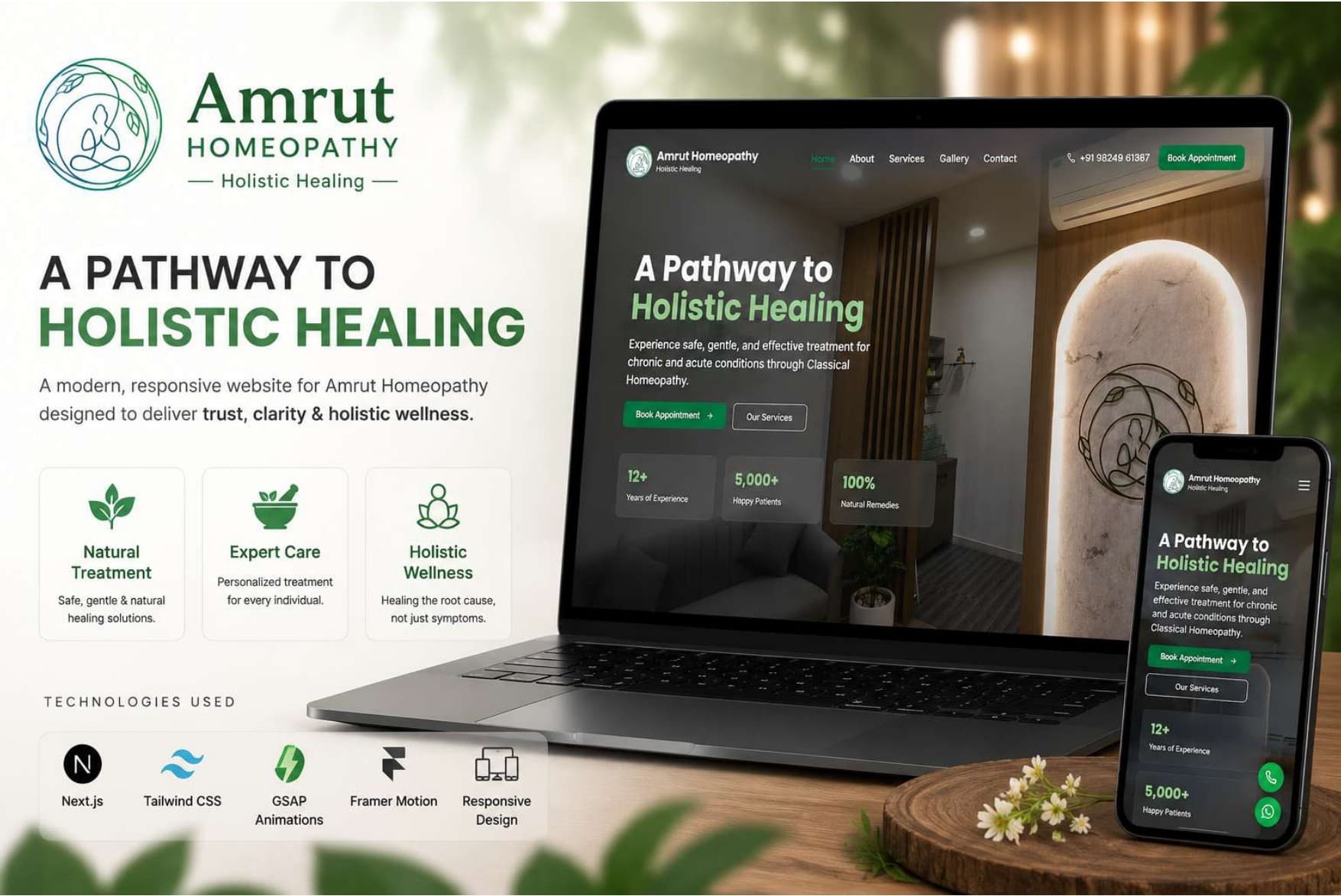 Amrut Homeopathy healthcare website interface and appointment experience