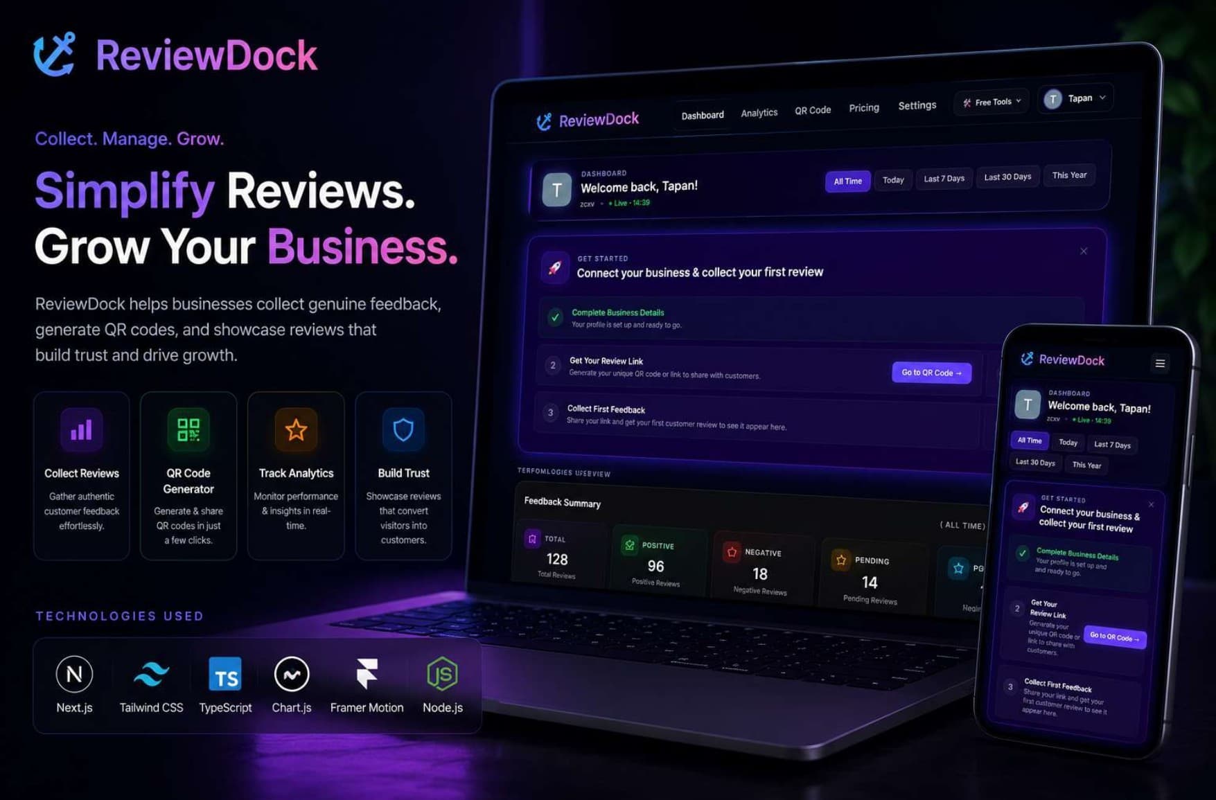 ReviewDock customer feedback SaaS analytics dashboard interface